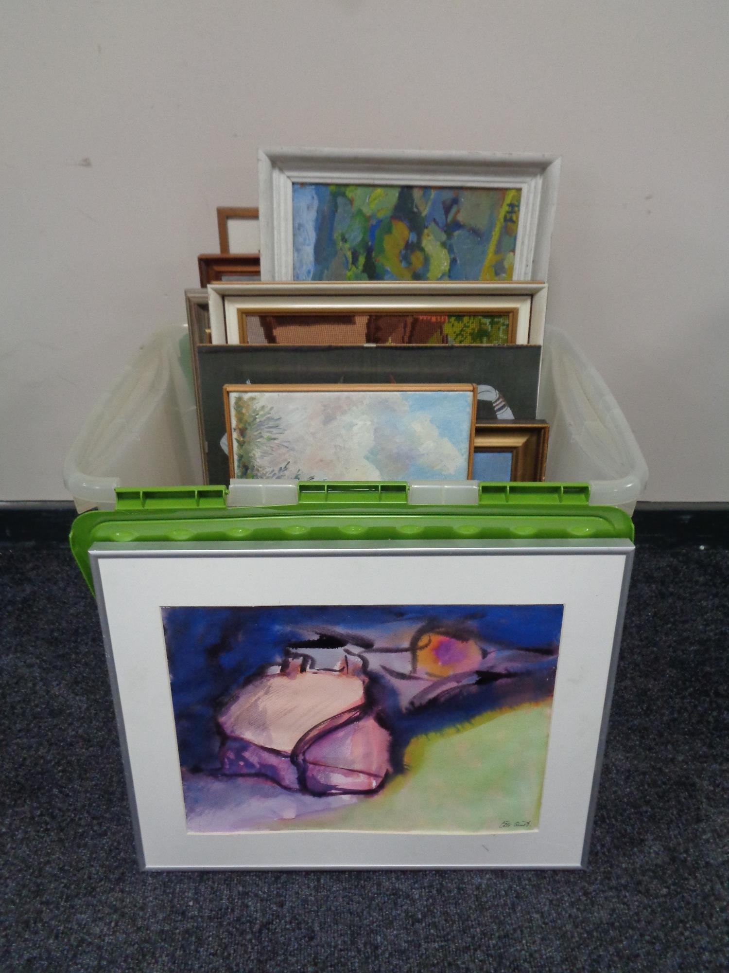 A box of continental school pictures and prints, framed watercolour of a windmill, tapestries,
