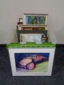 A box of continental school pictures and prints, framed watercolour of a windmill, tapestries,