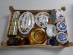 A box of porcelain, French ramekins, 70's glass ware, Worcester dishes, Masons willow pattern pot,