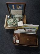 Two boxes of Edwardian oak canteen of cutlery, part Wedgwood dinner service, brass plaque,