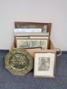 A box of continental school pictures and prints, walking stick bearing badges,