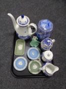 A tray of china, mixed Wedgwood Jasperware, Coalport figure,