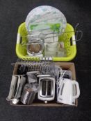 A box and a basket of kitchenalia, Russell Hobbs kettle, toaster,
