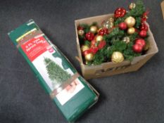 A boxed 6' Christmas tree, box of Christmas baubles, nativity set,