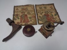 A tray of antique cast iron cobbler's last, leather cased Chesterman tape measure,