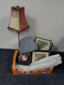 A box of three contemporary table lamps with shades, wicker basket, eight framed hunting prints,