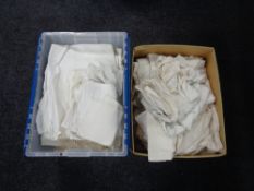 Two boxes of antique and later table linens, crochet pieces,