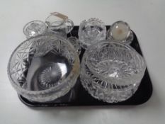 A tray of 20th century pressed glass, preserve pot,