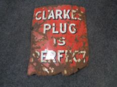 A 20th century enameled sign 'Clark's Plug is Perfect' a/f