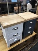 Two contemporary oak topped three drawer bedside chests