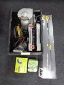 A box of assorted power tools to include bench grinder, cased hammer drill,