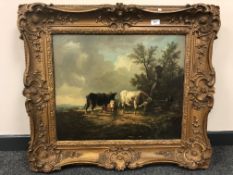 Manner of Thomas Sydney Cooper (1803-1902) : A Group of Three Cattle in a Field with a Farmer