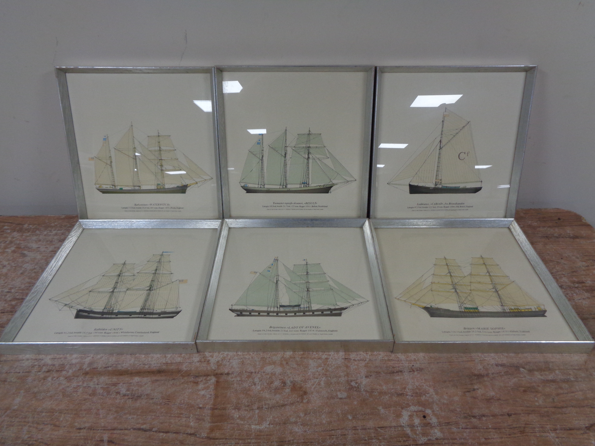 A set of six Danish prints depicting tall ships