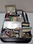 A tray of assorted jewellery boxes, costume jewellery, Newton Academy medal on chain,