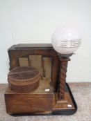 A tray of oak Art Deco table lamp with glass shade, leather collar box, oak Art Deco speaker,