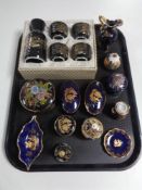 A tray of Japanese five piece sake set, Grecian trinket dish,