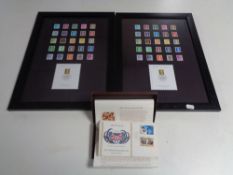 Two framed Arnold Macahin Queen's head stamp montages together with a boxed 1874-1974 Churchill