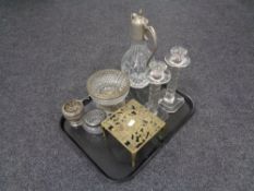 A tray of assorted glass ware, candlesticks, rose bowl, claret jug,