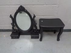 A black French style dressing table mirror fitted two drawers with similar dressing table stool