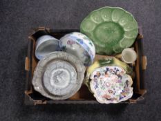 A tray containing antique china to include Imari style plate, loving cup,