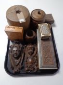 A tray of antique and later treen ware, lidded barrels, trinket boxes,