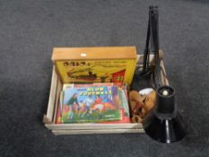 A box of mid 20th century Brio boxed wooden train set, board games,