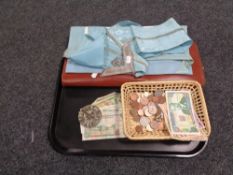 A tray of leather Freemason's case of sash, apron, British copper coins,