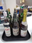 A tray of twelve assorted bottles of alcohol - Pimms, ginger wine, cider,