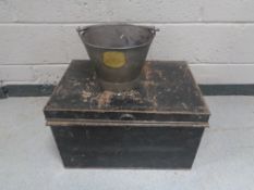 A large 19th century metal deed box together with a dairy bucket with brass 'Hettie The Dairy'