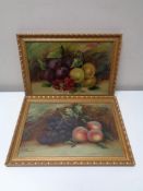 Twentieth century school : Still life with fruit, pair of oils, indistinctly signed, framed.