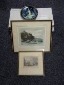 Two antique framed colour engravings, Royal Arcade Newcastle etc Six boxed collector's plates.