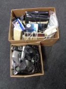 Two boxes of assorted electricals, Freesat boxes with remotes, vintage clock radio,