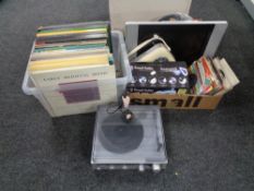 A box and a crate of Bush turntable, vinyl LP records, Mozart etc, 19 inch LCD TV,