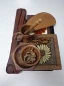 A tray of 20th century treen pieces, tiled topped chopping boards, tankard, serving spoons,