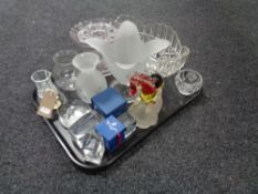 A tray of glass, paperweights, coloured glass horse ashtray,