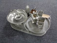 An antique pewter serving tray including Craftsman pewter sugar sifter, Reliable tea ware,