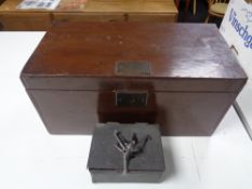 A twentieth century painted wooden storage box together with a metal lock box with keys