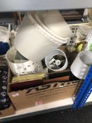 A box of assorted table lamps with shades, picture frames,