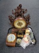 A tray of mid century barometer, assorted mantel and desk clocks,