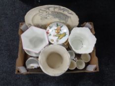 A box of assorted china, antique meat plate, Royal Doulton dish, commemorative mugs,