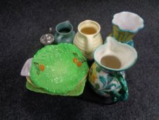 A tray of china, Italian pottery vase and jug, Denby jug,