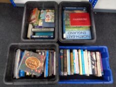 Four plastic crates of books to include calligraphy, cookery, birds,