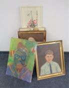 A box of continental school framed and unframed pictures and prints