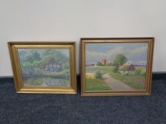 Two 20th century continental school oils on canvas, cottage by a pond,