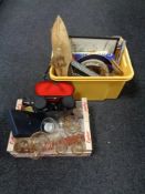 Two crates containing 20th century glass ware, cased Plus 10X50 binoculars, miscellaneous china,