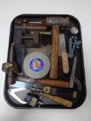A tray of twentieth century joiner's tools, Thor's hammer, mini anvil,