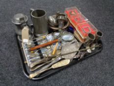 A tray of twentieth century plated wares, cased cake forks, antique pewter tankard and lidded jug,