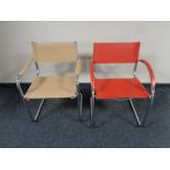 Two contemporary leather upholstered tubular metal chairs