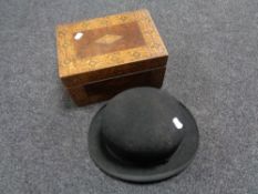 A Victorian marquetry inlaid table box (no interior) together with a bowler hat