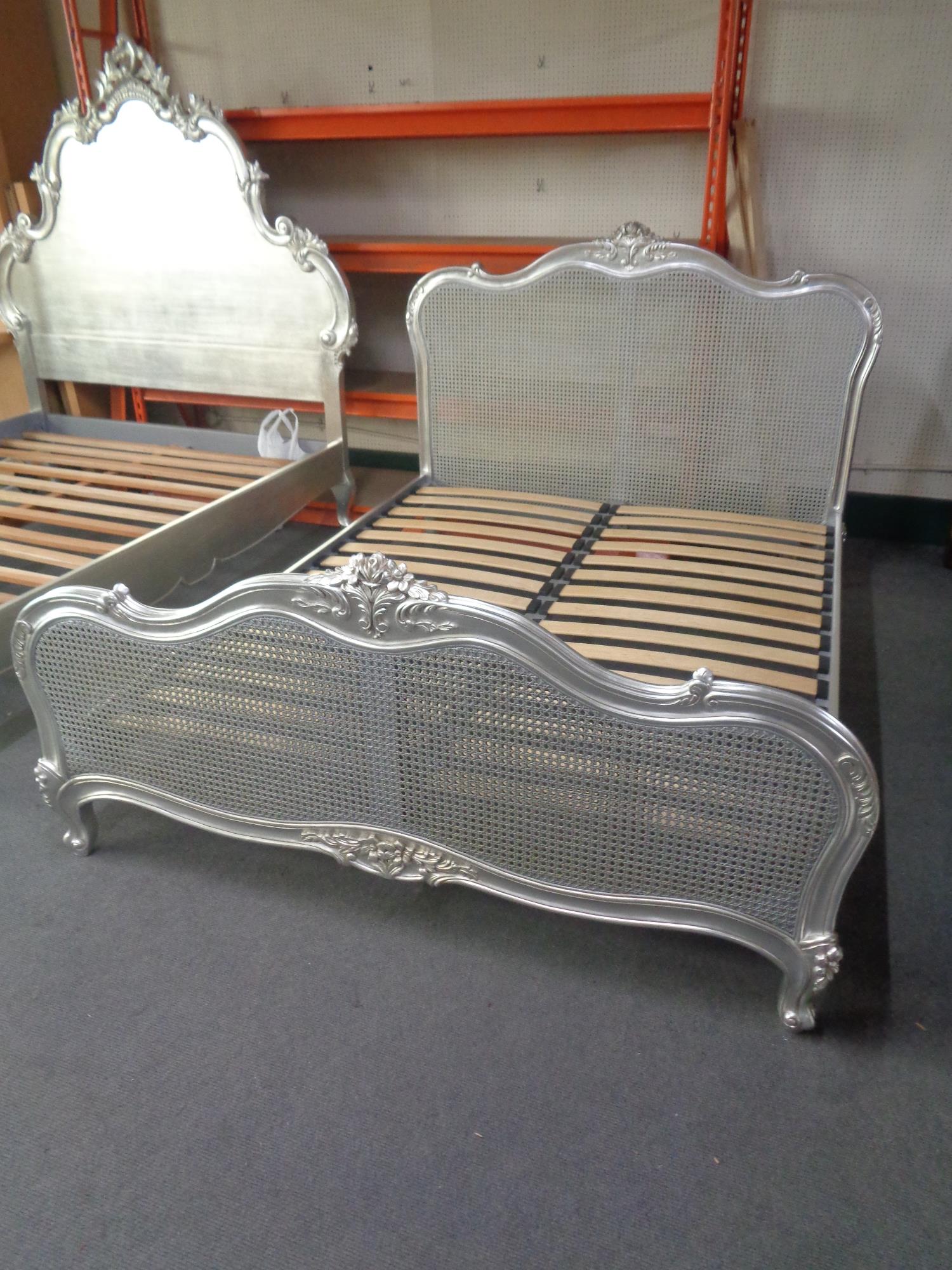 A 5' silvered French style bed frame with bergere headboard and footboard CONDITION
